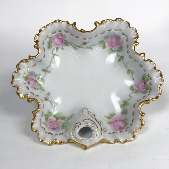 Unmarked Vintage Pink Floral Scalloped Porcelain Dish - Picture 2 of 9